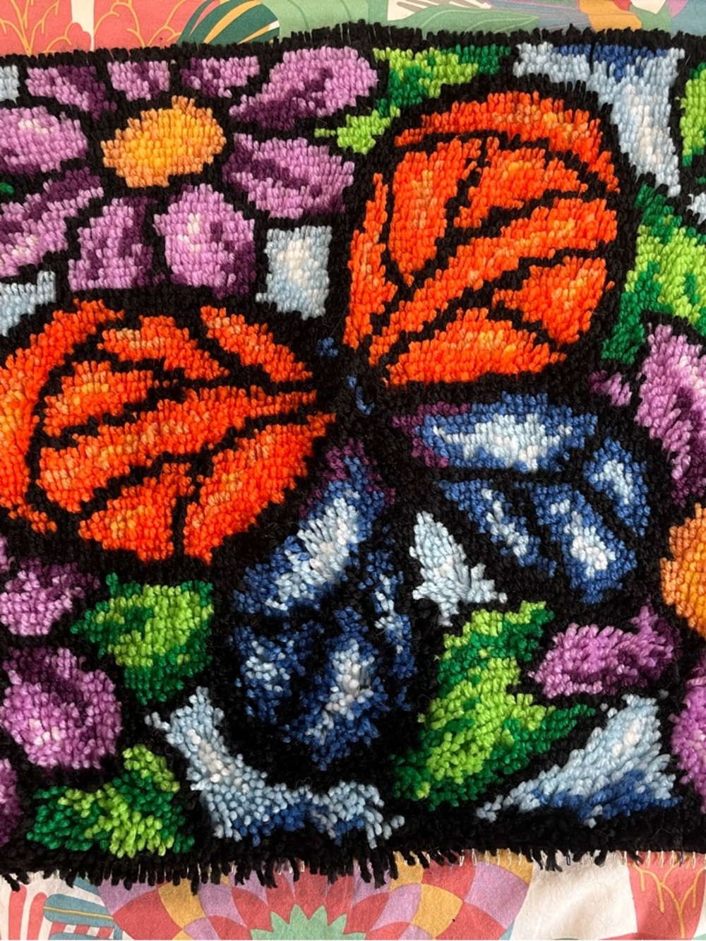 Vintage Handmade Floral Butterfly Latch Hook Wall Hanging - Orange, Blue, Purple